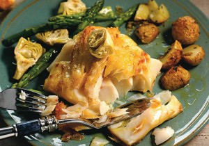 Bacalhau Grelhado com Aspargo, Alcachofra e Azeite com Manjericão
